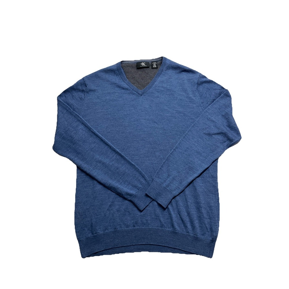 Calvin Klein V-Neck Pullover Sweater Mens L Blue Extra Fine Merino Wool